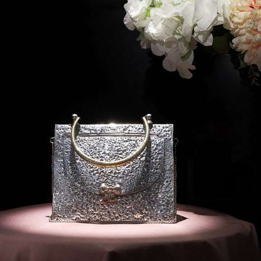 Traingle Hammered Brass Handbag in Antique Silver finish