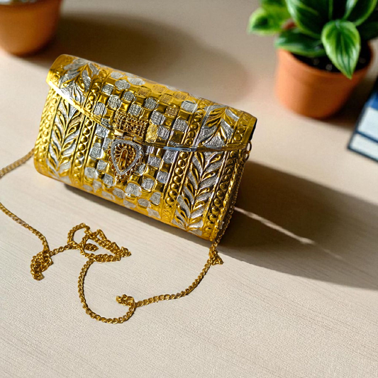 Dual Tone checkered pattern Brass Ethnic clutch