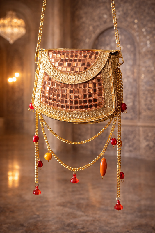 Sheesh Mahal Nano bags - Rose Gold with brass and red beads