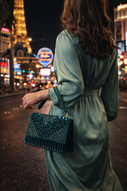 Emerald embellished velvet party clutch