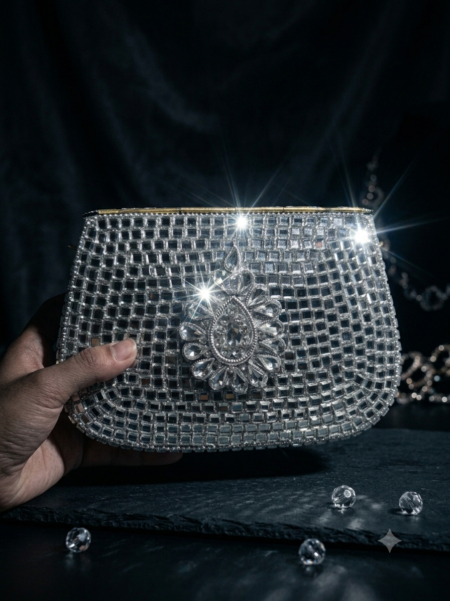 Sheesh Mahal Buta Glass mosaic brass clutch Silver Square