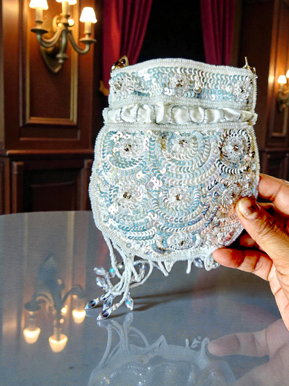 The Mini Embroidered Potli in Sparkling White sequins n crystals