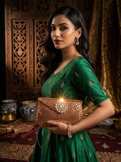 Sheesh Mahal Buta Glass Mosaic Brass Clutch Gold Rectangle