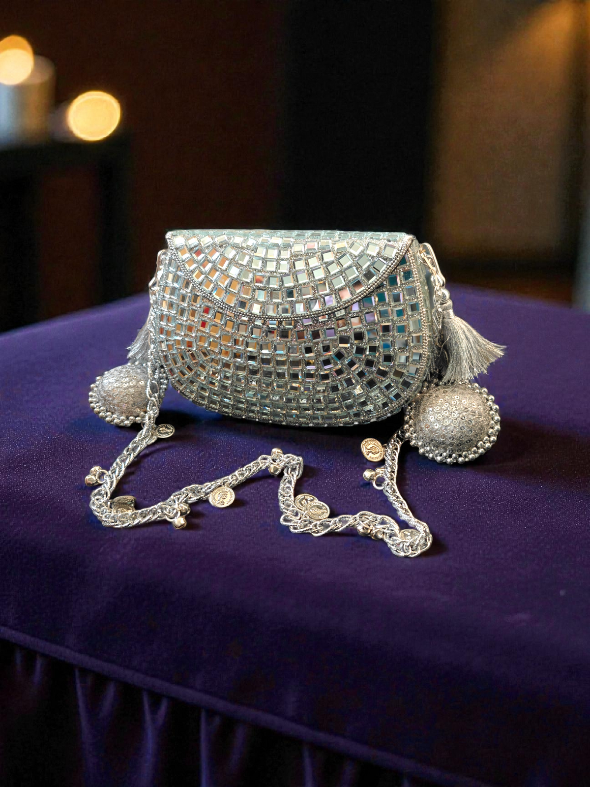 Sheesh Mahal - Glass mosaic Brass Bag in Silver tone