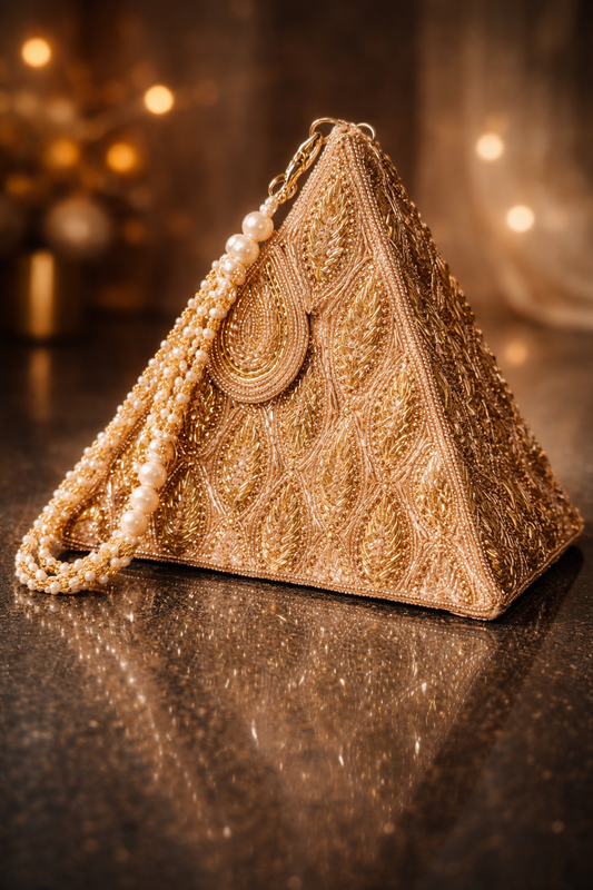 Triangular Prism Beaded Clutch – Rose Gold & Ivory
