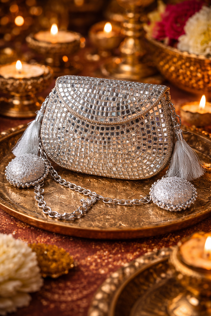 Sheesh Mahal - Glass mosaic Brass Bag in Silver tone