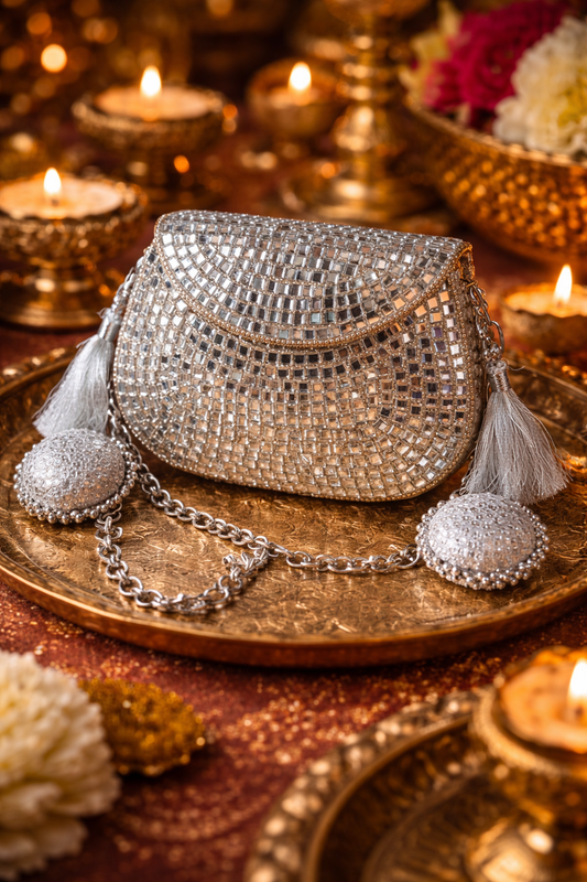 Sheesh Mahal - Glass mosaic Brass Bag in Silver tone