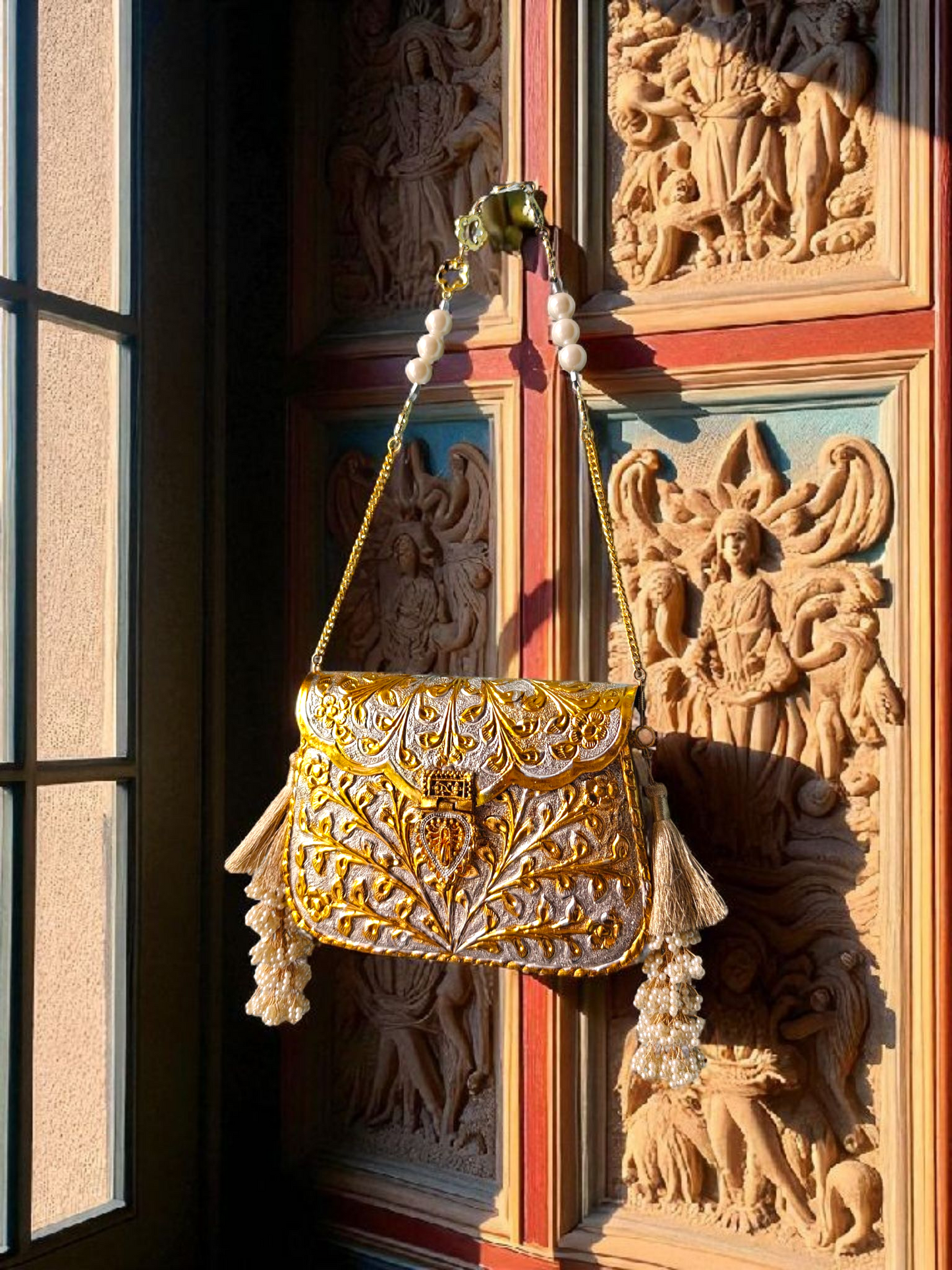 Dual-Tone Rectangular Gold & Silver Engraved Pouch with side Tassels