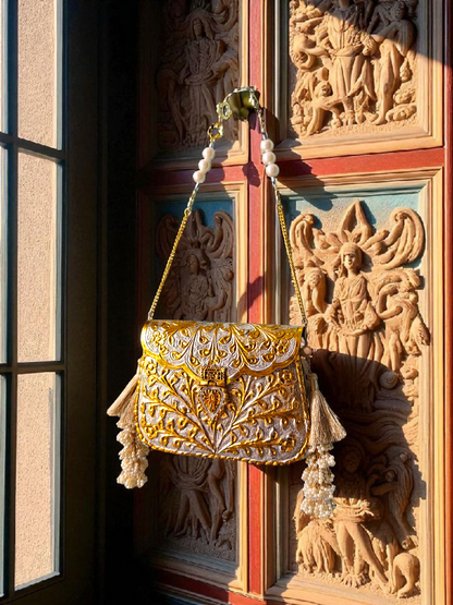 Dual-Tone Rectangular Gold & Silver Engraved Pouch with side Tassels