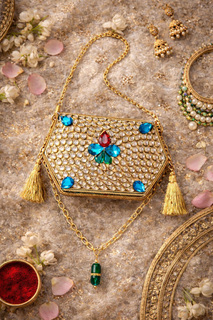 Sheesh Mahal Nano bags - Gold Hexagon with green crystal border