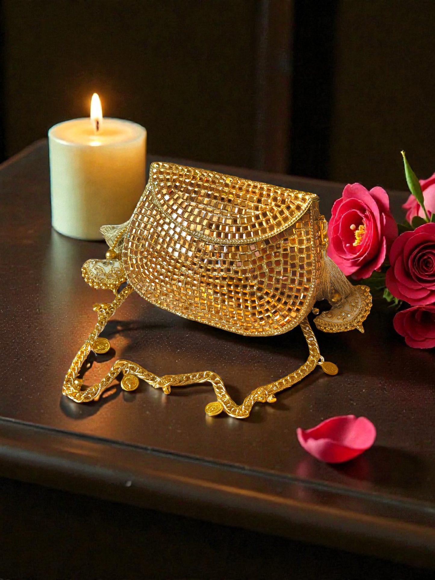 Sheesh Mahal - Glass Mosaic Brass Bag in Rose Gold Tone