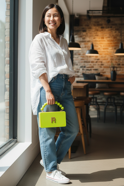 Colour Block Personalized wooden Clutch in beaded handle