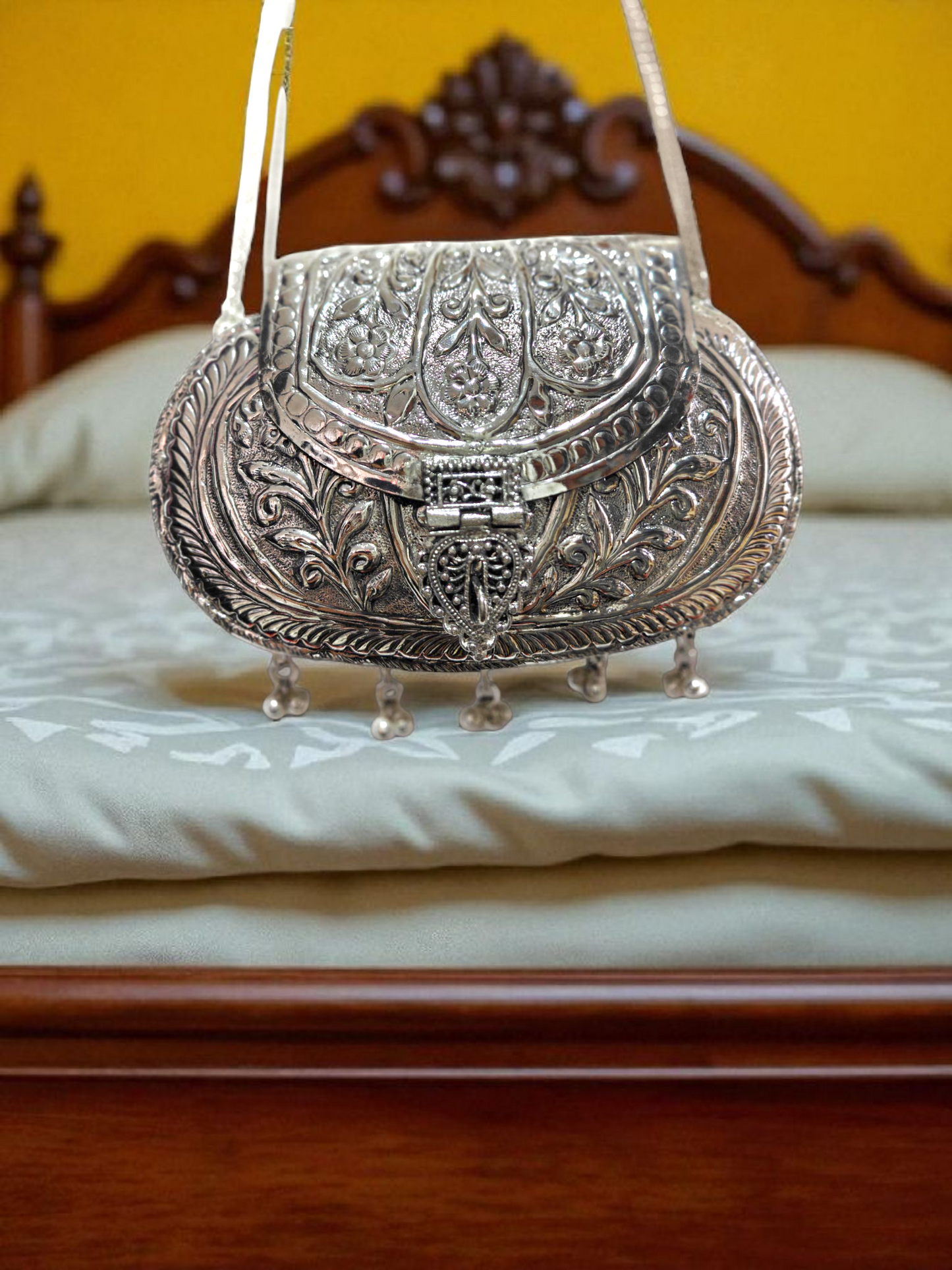 Oval Ethnic Handbag in Silver shade, tassels and ornate ghungroo sling chain