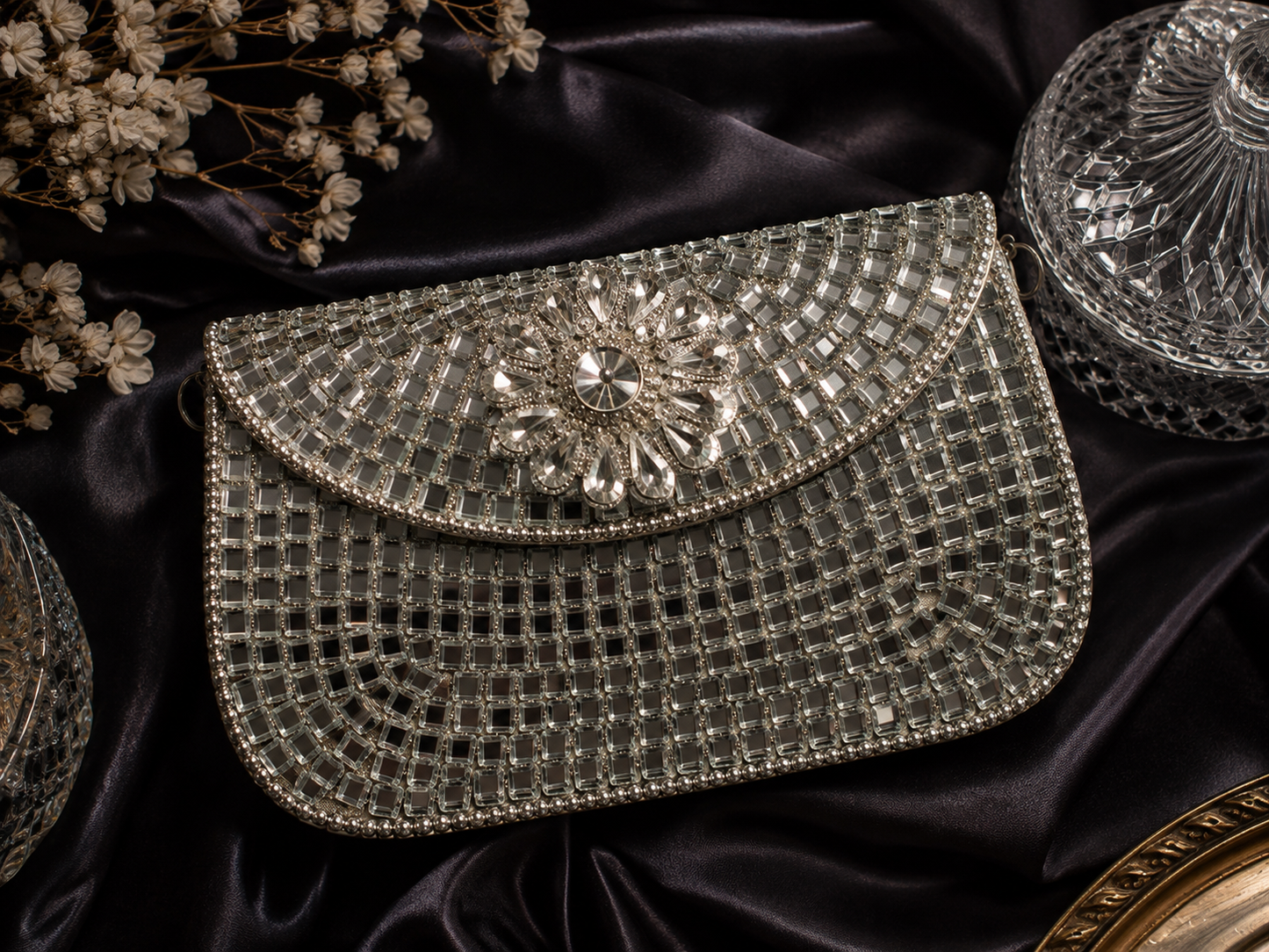 Sheesh Mahal Buta Glass mosaic brass clutch Silver Square