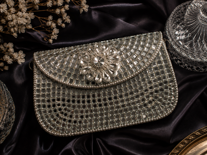 Sheesh Mahal Buta Glass mosaic brass clutch Silver Square