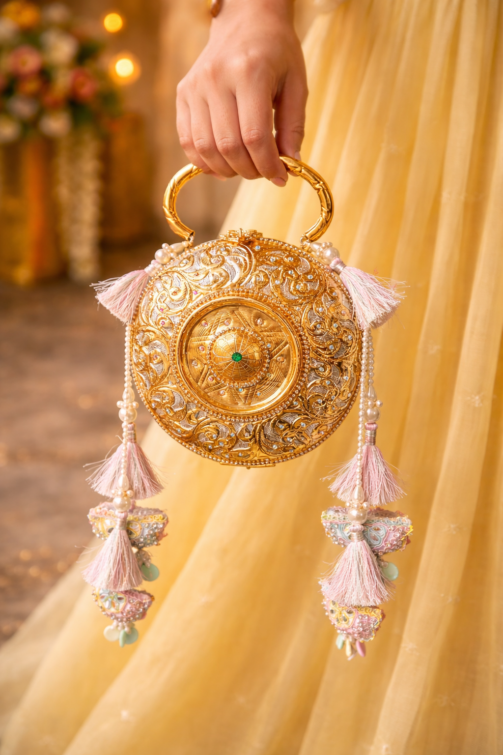 The Suvarna collection - Mandala crystal stone brass bag