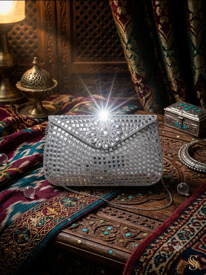 Sheesh Mahal Buta Glass Mosaic Brass Bag Silver Rectangle