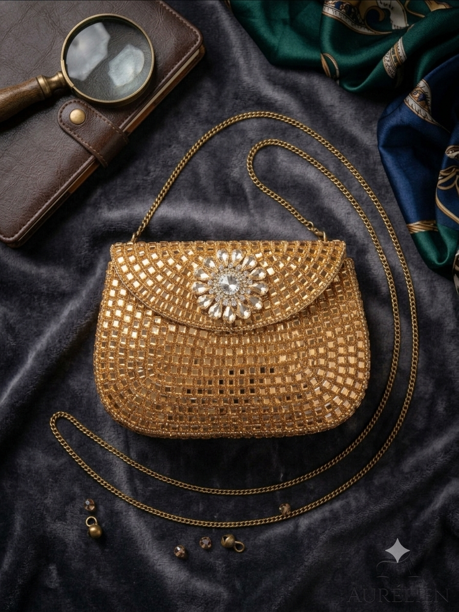 Sheesh Mahal Buta glass mosaic brass clutch Gold square
