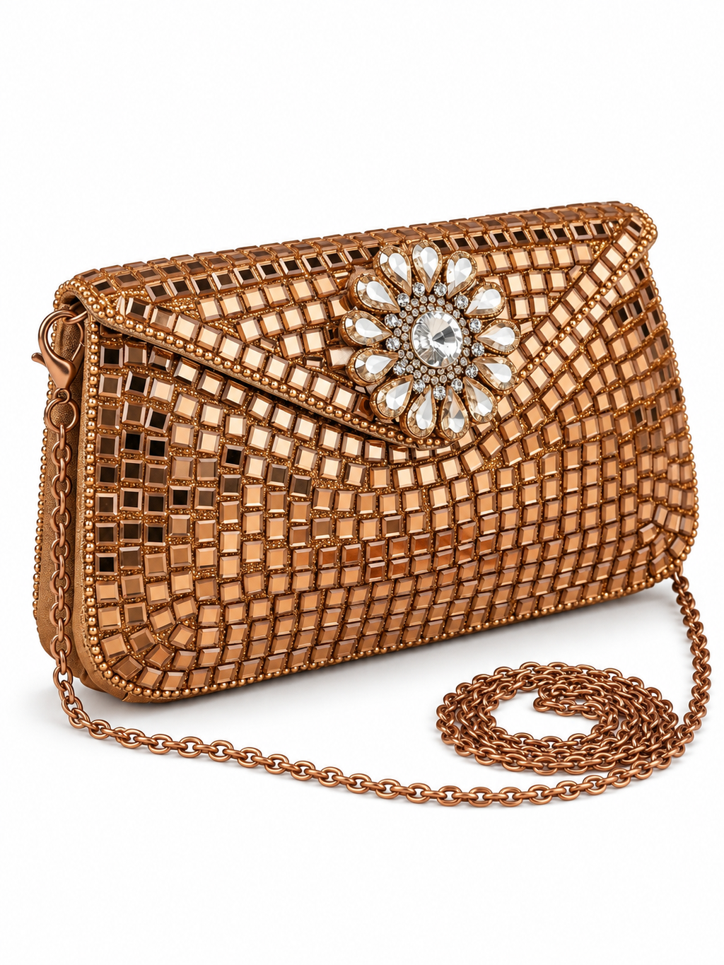 Sheesh Mahal Buta Glass Mosaic Brass Clutch Gold Rectangle