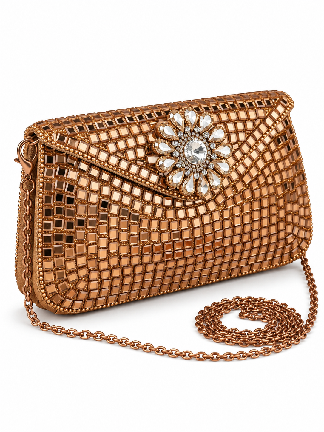 Sheesh Mahal Buta Glass Mosaic Brass Clutch Gold Rectangle