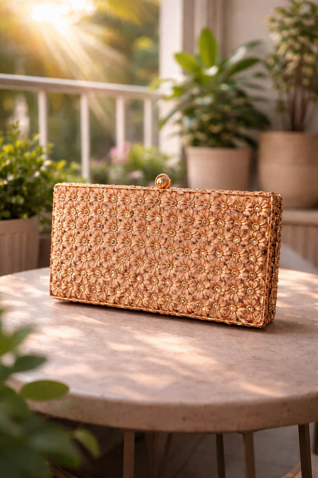 Rosé Éclat – 3D Floral Brass Clutch