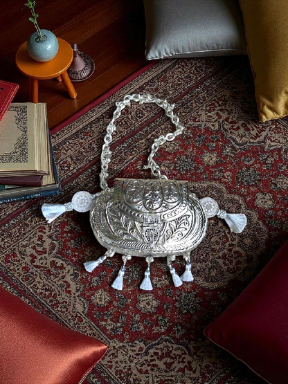 Oval Ethnic Handbag in Silver shade, tassels and ornate ghungroo sling chain