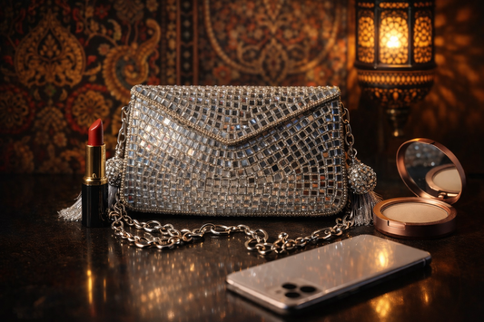 Sheesh Mahal Glass mosaic Rectangular handbag in silver tone
