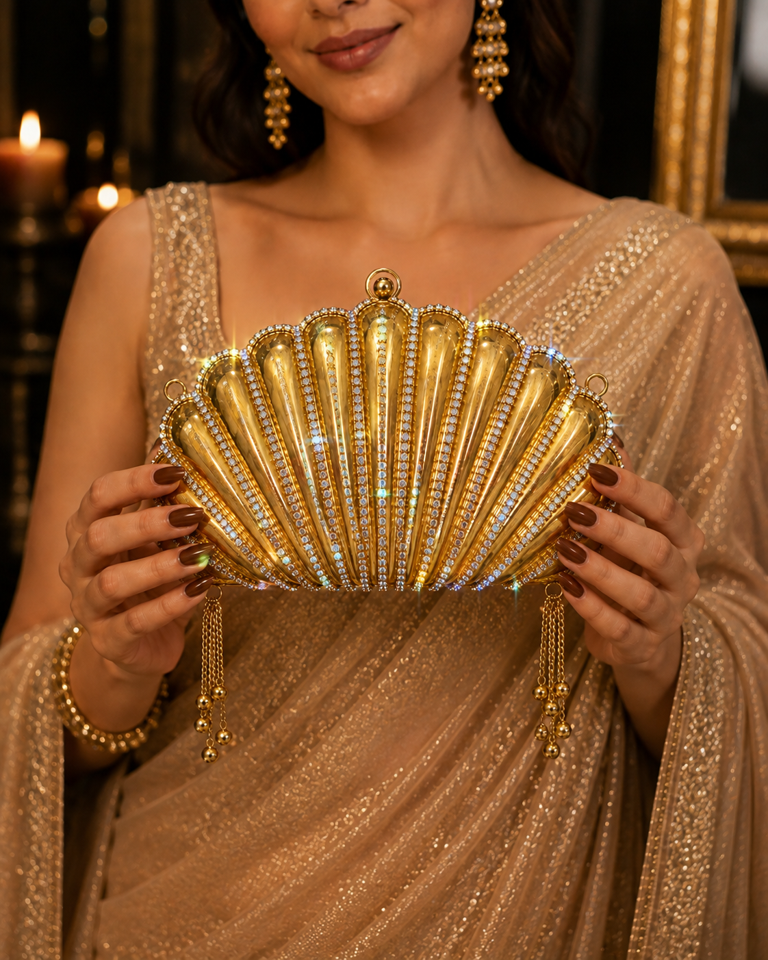 Heera Clutch - Dazzling RhineStone Shell shaped Brass Bag