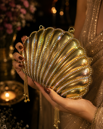 Heera Clutch - Dazzling RhineStone Shell shaped Brass Bag