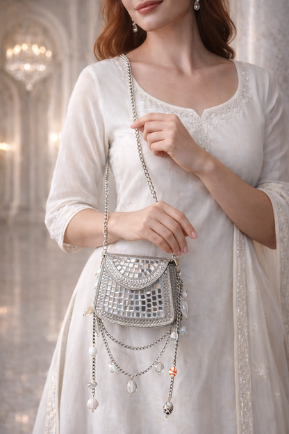 Sheesh Mahal Nano Bags - Silver Square with white beads