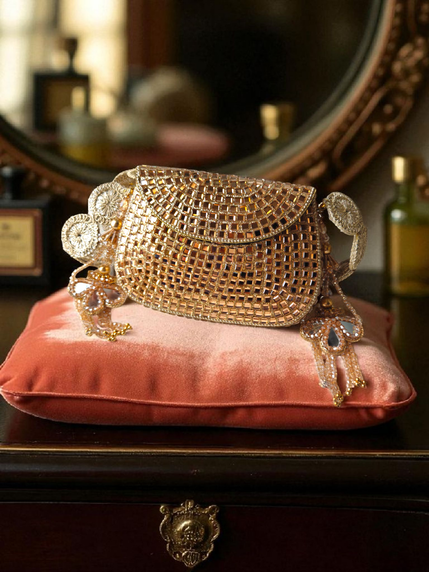 Sheesh Mahal - Glass Mosaic Brass Bag in Rose Gold Tone