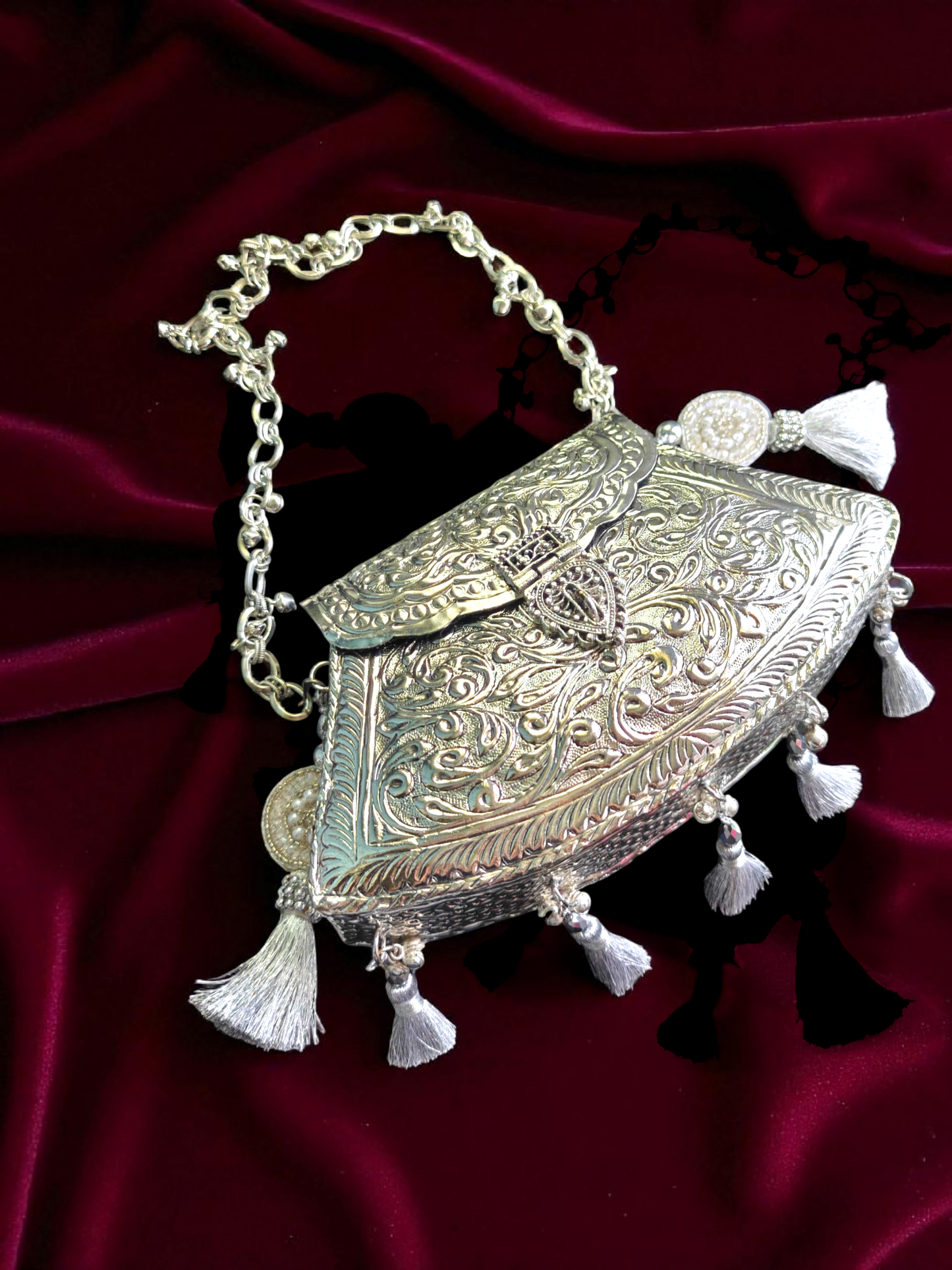 Unique Trapezoid shape Vintage Brass bags in Silver shade