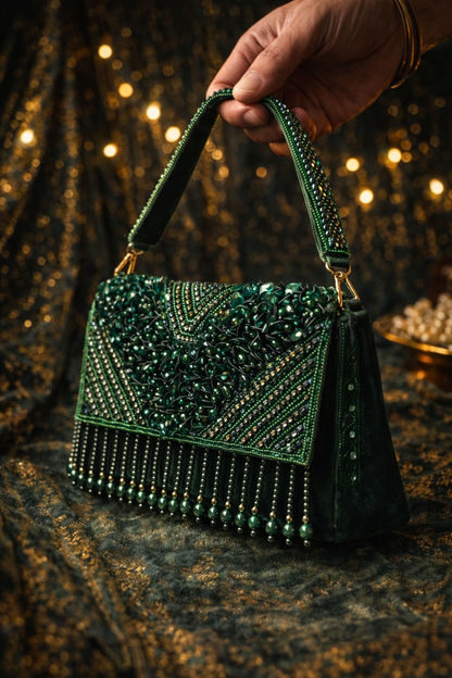 Emerald embellished velvet party clutch
