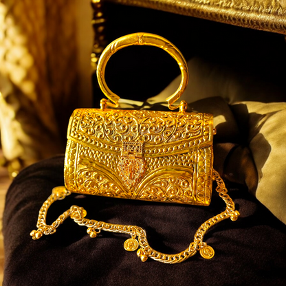 Amara handcrafted intricate detail Royal Gold Brass handbag