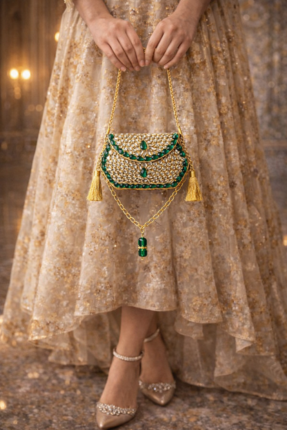 Sheesh Mahal Nano bags - Gold Hexagon with green crystal border