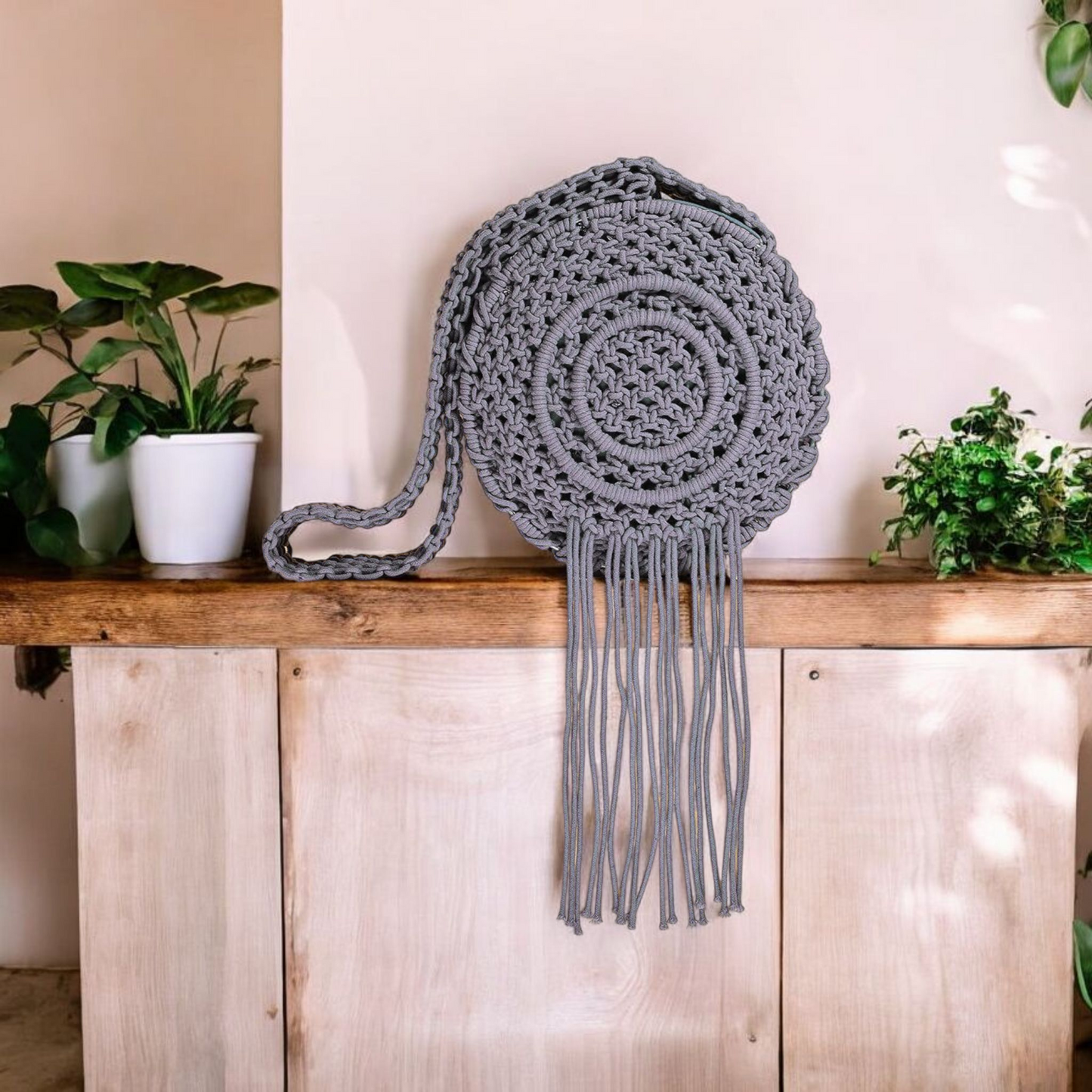 Round Macrame Fringe Boho Bag - Stormy Grey