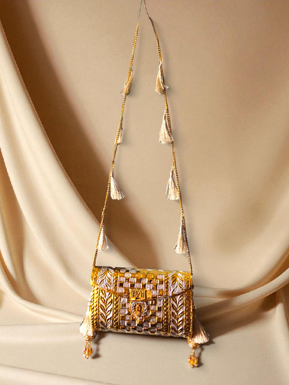 Dual Tone checkered pattern Brass Ethnic clutch