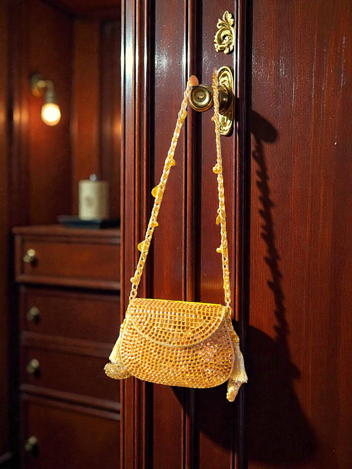 Sheesh Mahal - Glass Mosaic Brass Bag in Rose Gold Tone