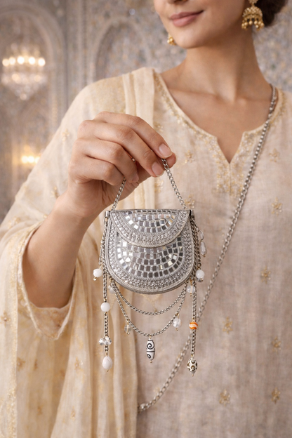 Sheesh Mahal Nano Bags - Silver Round with white beads