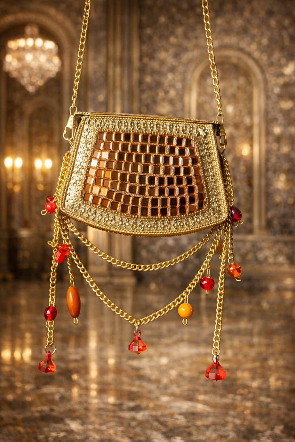 Sheesh Mahal Nano bags - Rose Gold with brass and red beads