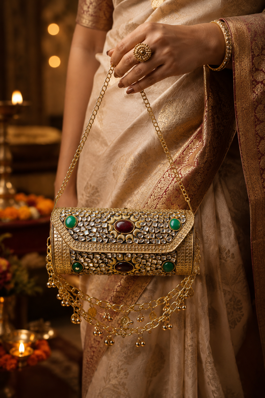 Sheesh Mahal Dholki Clutch in kundan n stones