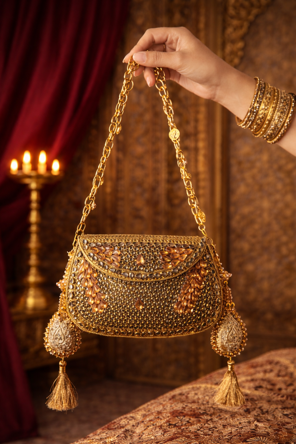 Sheesh Mahal Moha Peach crystal and kundan handbag