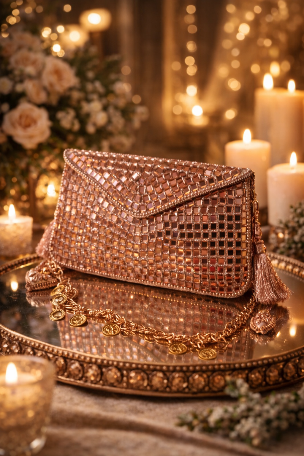 Sheesh Mahal Glass Mosaic Rectangular clutch in Rose Gold