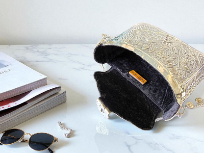 Ornate silver tassels bag with coins and ghungroo latkans