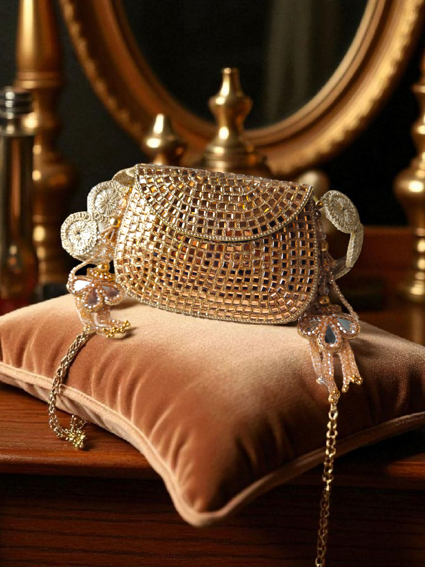 Sheesh Mahal - Glass Mosaic Brass Bag in Rose Gold Tone