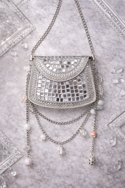 Sheesh Mahal Nano Bags - Silver Square with white beads