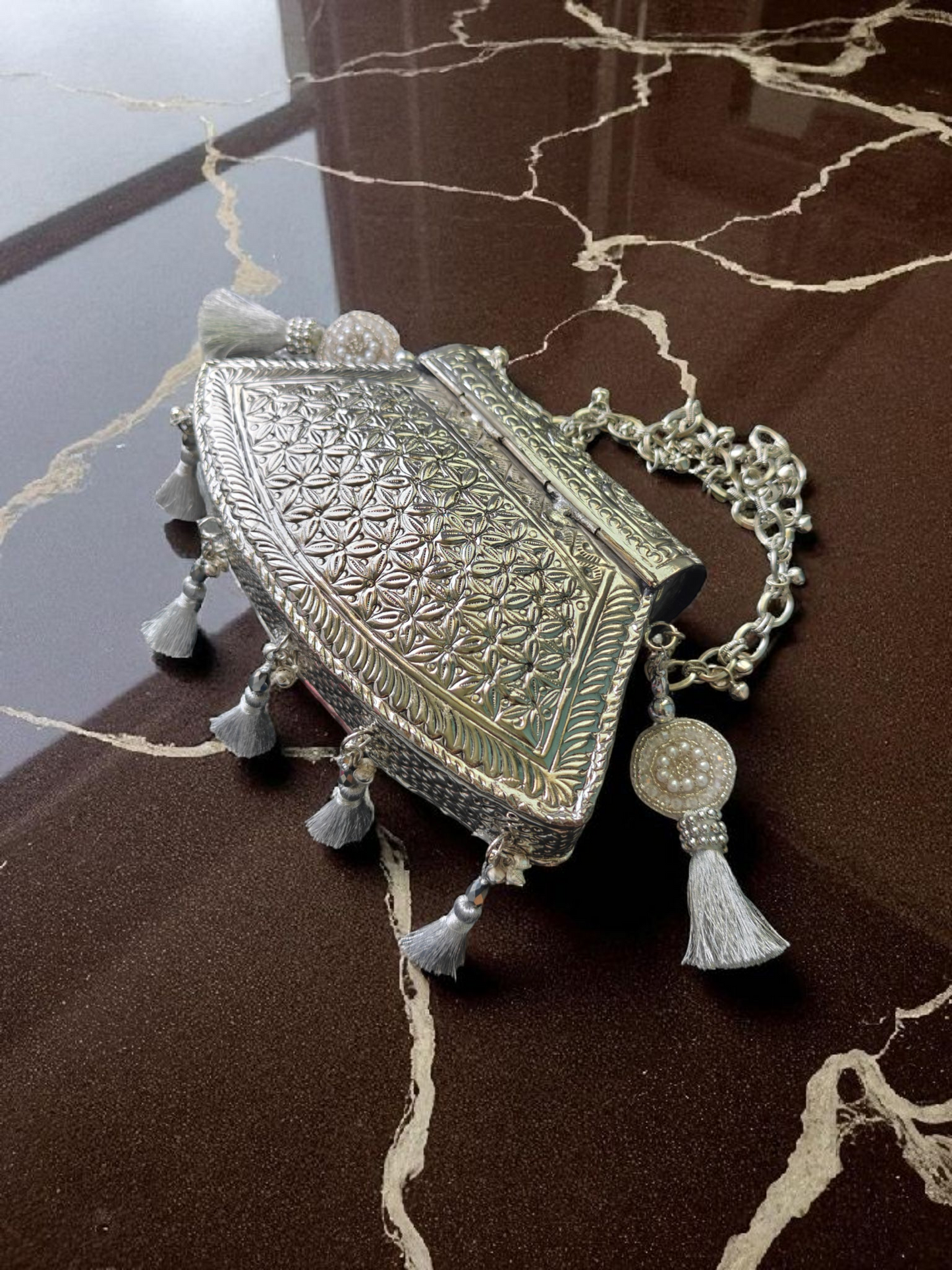 Unique Trapezoid shape Vintage Brass bags in Silver shade